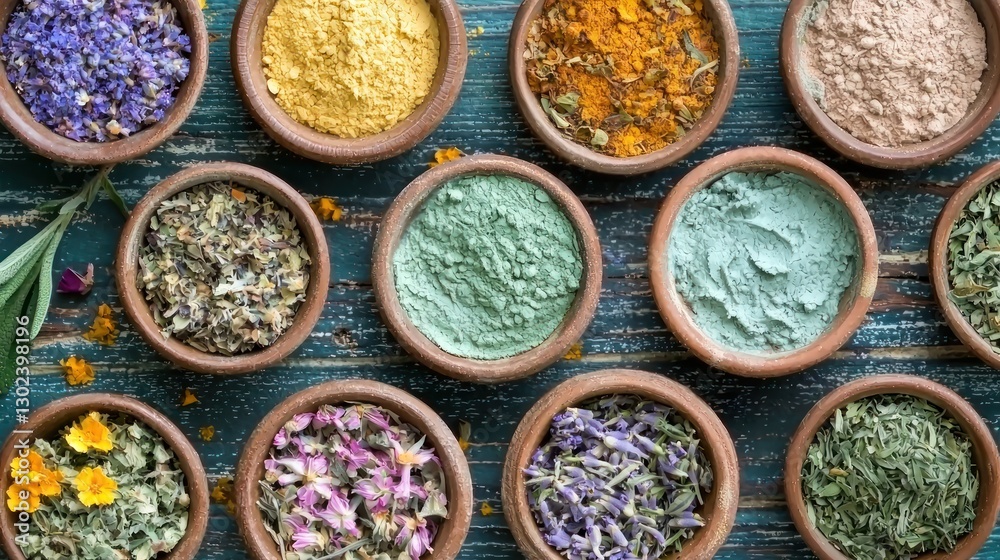 Herbal face masks in small ceramic bowls. Herbal face masks in small ceramic bowls.
