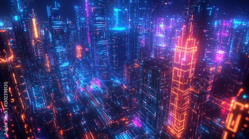 A neon grid city where energy pulses through every building