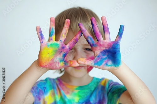 Child with Colorful Painted Hands Smiling Joyfully in a Bright Room