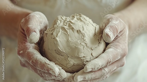  Hands pressing and kneading a ball of clay. A close-up of hands gently shaping a soft, pastel-colored clay ball.