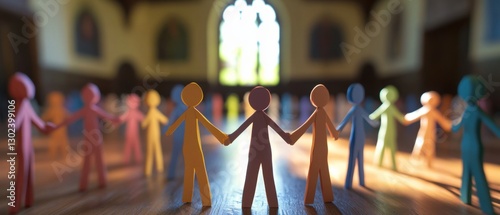 Colorful paper cutout people holding hands in a circle indoors, symbolizing unity, diversity, and community in a church or religious building