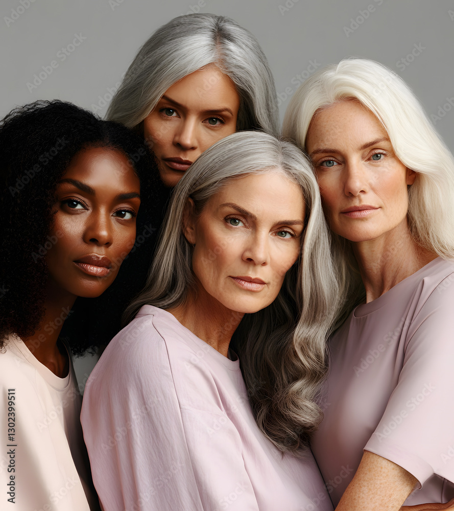 Obraz premium Diversity, beauty and natural with woman friends in studio on a beige background to promote skincare. Portrait, face and smile with a happy female and friend group indoors for luxury cosmetics