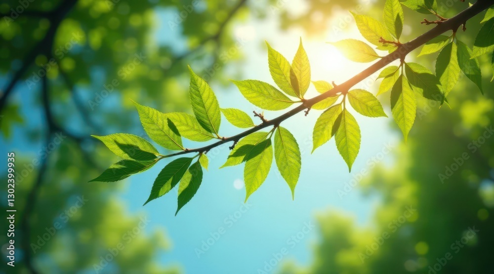 Vibrant Green Leaves Basking in the Warmth of Sunlight on a Branch Against a Softly Blurred Background of Lush Foliage Vibrant Green Leaves Basking in the Warmth of Sunlight on a Branch Against a Softly Blurred Background of Lush Foliage