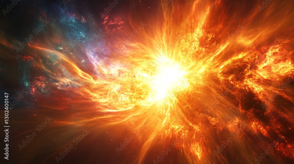 A vibrant solar flare bursting with swirling plasma and neon light A vibrant solar flare bursting with swirling plasma and neon light