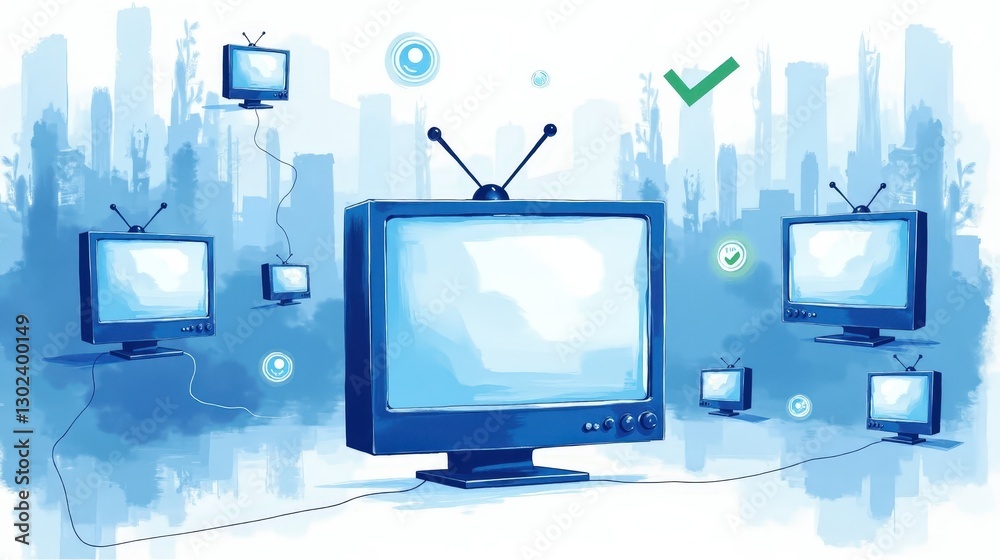 Fototapeta premium A stock illustration that represents the concept of Media transparency in Sky blue and white colors, with Dynamic brushstrokes and metaphors of TV screens and fact-check icons.