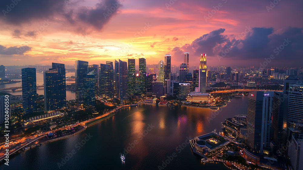 Fototapeta premium Stunning singapore skyline at sunset cityscape view amazing urban night lightscape asia water towers
