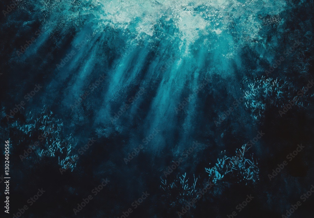 Obraz premium Ethereal Underwater Scene with Sunlight Rays Illuminating Coral Reef and Soft Ocean Floor in Shades of Blue and Green