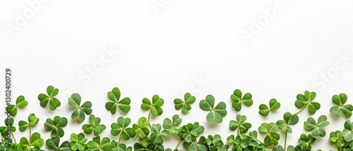 Fresh green shamrocks or clover leaves border on white background Concept of St Patricks Day, luck, Irish culture, and spring season