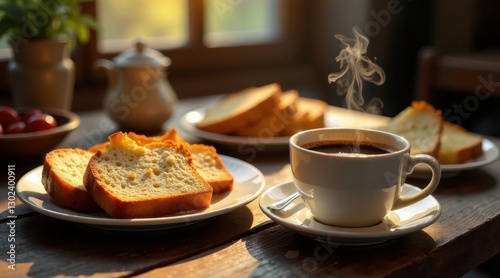 Wallpaper Mural Warm morning sunlight illuminates a rustic wooden table setting featuring a steaming cup of coffee and freshly baked slices of golden-brown cake. Torontodigital.ca