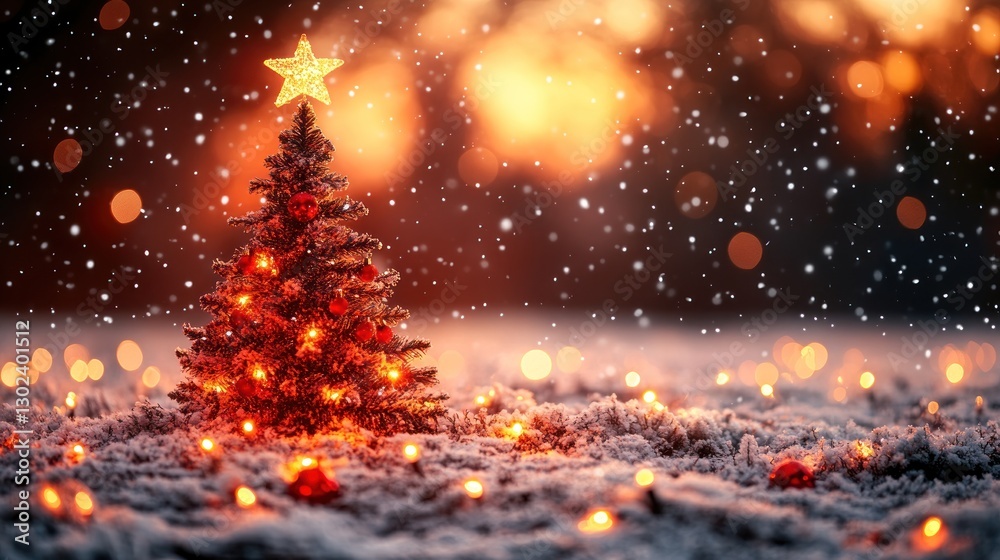 Naklejka premium Small Christmas tree with warm lights in snowy landscape.