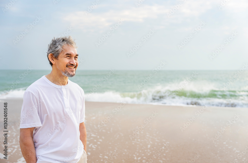 portrait smiling asian senior man with grey hair and beard walking on the beach,concept for elderly lifestyle,travel,destination,relaxation portrait smiling asian senior man with grey hair and beard walking on the beach,concept for elderly lifestyle,travel,destination,relaxation