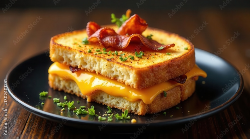 A Delicious Grilled Cheese Sandwich with Crispy Bacon and Melted Cheese on a Dark Plate A Delicious Grilled Cheese Sandwich with Crispy Bacon and Melted Cheese on a Dark Plate