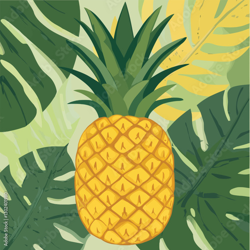 A flat 2D vector illustration of a pineapple with tropical leaves in the background.