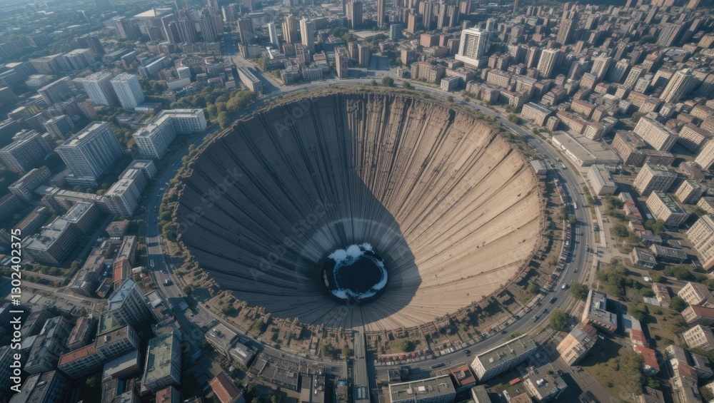 Fototapeta premium Aerial View of a Vast Circular Concrete Structure Surrounded by Urban Landscape in Daylight