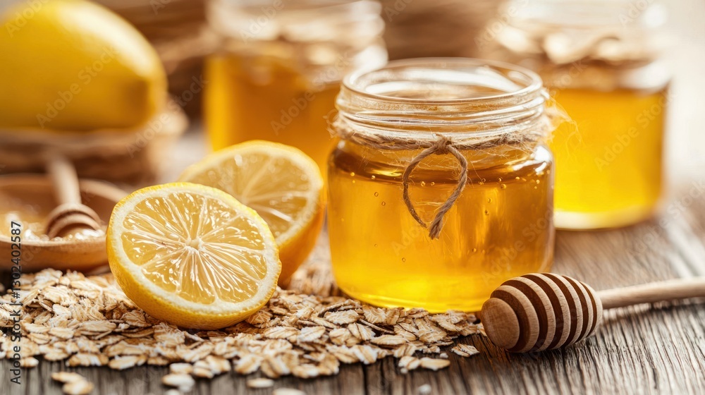 Ingredients like honey, oats, and lemon near DIY skincare jars. Ingredients like honey, oats, and lemon near DIY skincare jars.