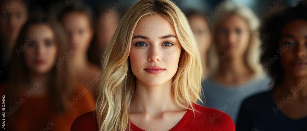 Fototapeta premium Portrait of a confident blonde Caucasian woman in her 20s, standing in front of a diverse group of women, showcasing unity and female empowerment