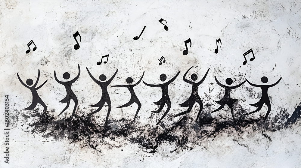 Fototapeta premium Black and White Stick Figures with Musical Notes – Minimalist Art,Expressive Stickmen Dancing in Joy – Music Celebration