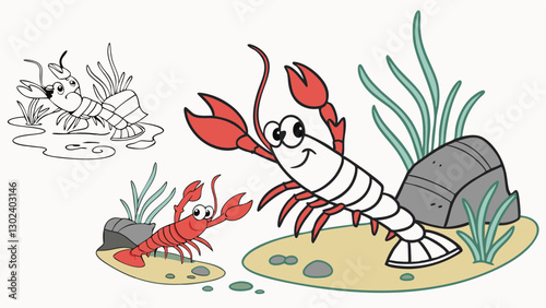 Vector Childrens cartoon family of crayfish on the bottom of the pond. Vector illustration of a coloring book., Line Art isolated on white background