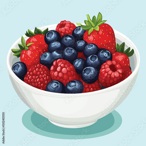 A flat 2D vector illustration of a bowl filled with strawberries, blueberries, and raspberries.