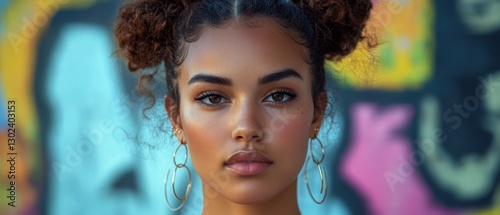 Closeup portrait of a beautiful biracial young woman with curly hair and gold hoop earrings, posing outdoors against a colorful graffiti wall