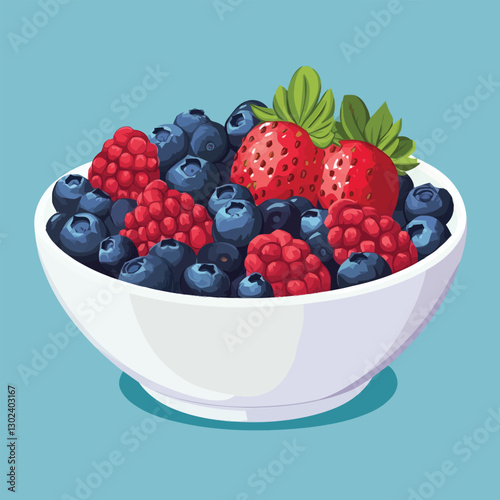 A flat 2D vector illustration of a bowl filled with strawberries, blueberries, and raspberries.