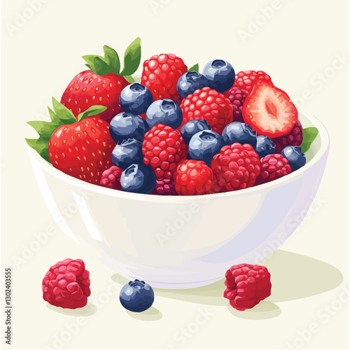 A flat 2D vector illustration of a bowl filled with strawberries, blueberries, and raspberries.