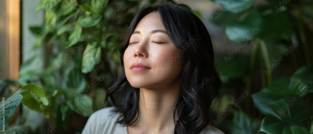 Serene Asian woman meditating indoors surrounded by lush green plants, finding inner peace and mindfulness in a tranquil environment Concept of wellness, nature, and relaxation Serene Asian woman meditating indoors surrounded by lush green plants, finding inner peace and mindfulness in a tranquil environment Concept of wellness, nature, and relaxation