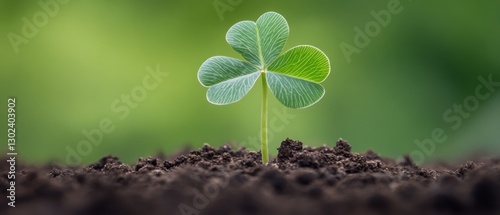Closeup of vibrant green three leaf clover sprouting from rich soil outdoors Concept of St Patricks Day, luck, growth, and new beginnings