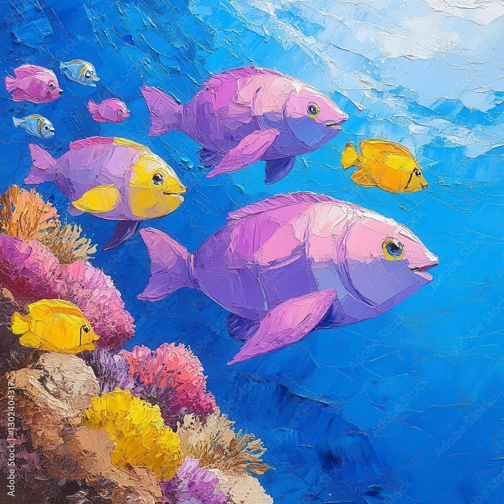 Naklejka premium Colorful Underwater Scene with Vibrant Fish and Coral Reef Life