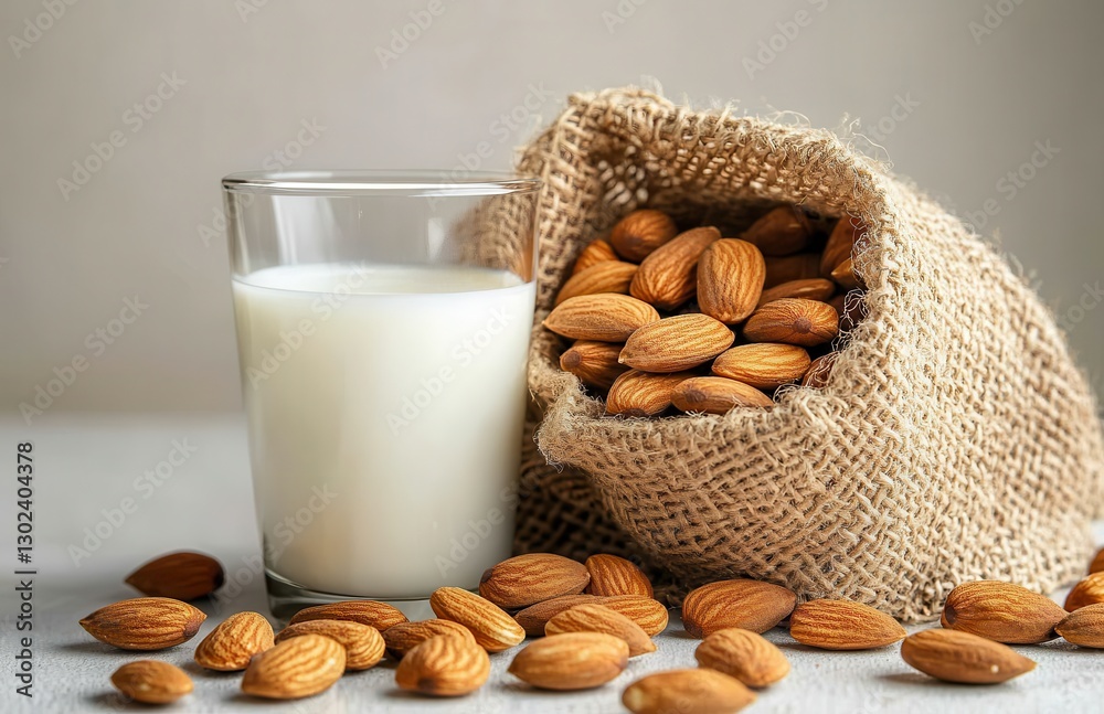 Fresh Almond Milk with Raw Almonds in a Jute Bag Next to a Glass on a Bright Green Background for Healthy Living and Nutrition Concepts Fresh Almond Milk with Raw Almonds in a Jute Bag Next to a Glass on a Bright Green Background for Healthy Living and Nutrition Concepts