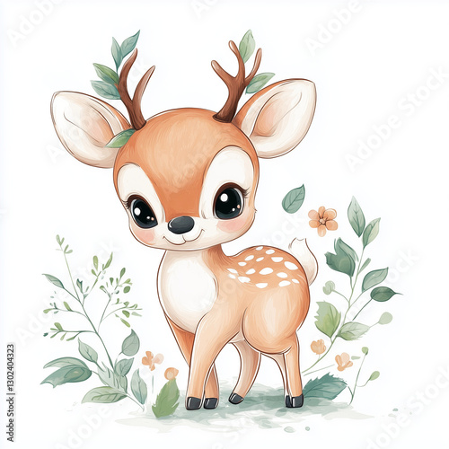 beautiful cute animal surrounded by plant elements. watercolor, pastel colors