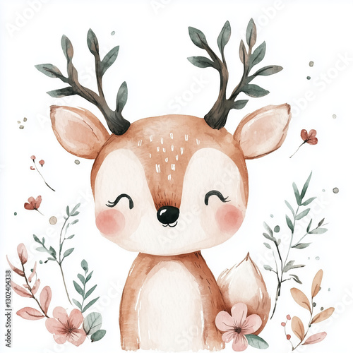 beautiful cute animal surrounded by plant elements. watercolor, pastel colors