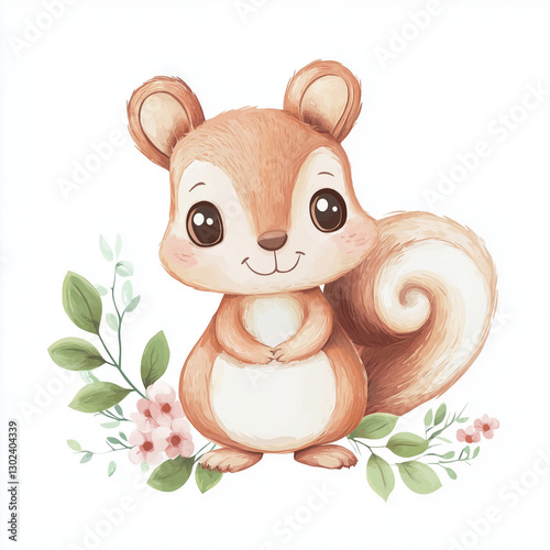 beautiful cute animal surrounded by plant elements. watercolor, pastel colors