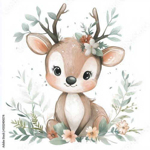 beautiful cute animal surrounded by plant elements. watercolor, pastel colors