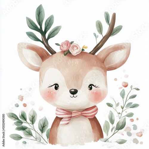 beautiful cute animal surrounded by plant elements. watercolor, pastel colors