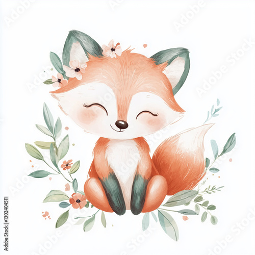 beautiful cute animal surrounded by plant elements. watercolor, pastel colors