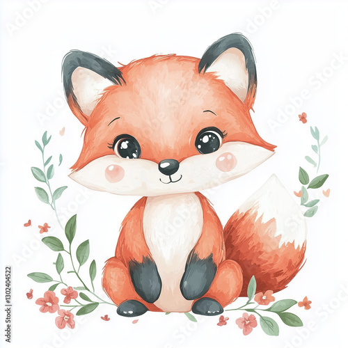 beautiful cute animal surrounded by plant elements. watercolor, pastel colors