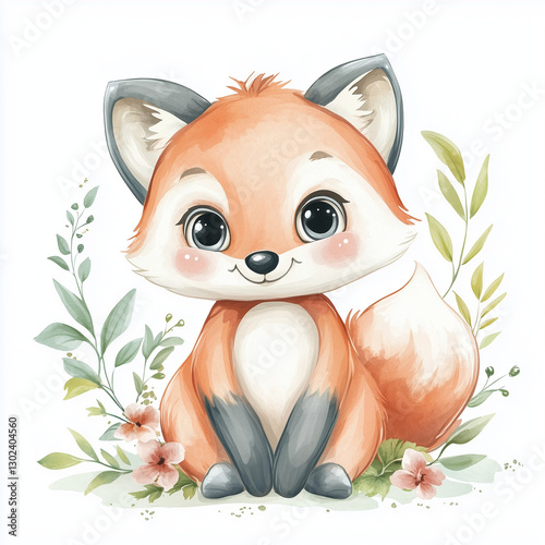 beautiful cute animal surrounded by plant elements. watercolor, pastel colors