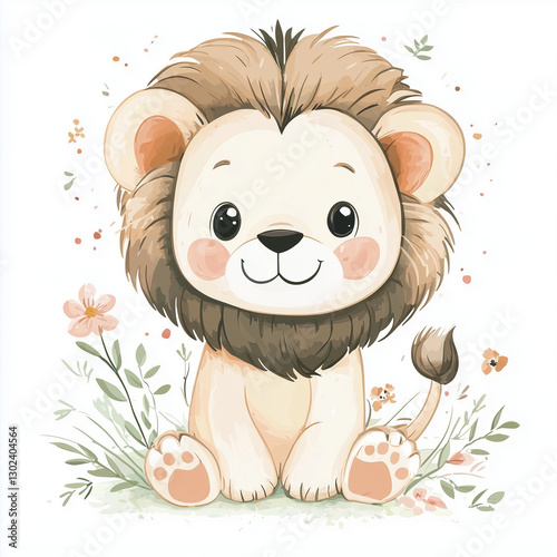 beautiful cute animal surrounded by plant elements. watercolor, pastel colors