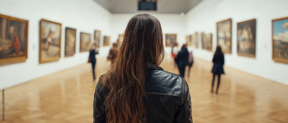 Obraz premium Young Caucasian woman admiring art in museum, exploring paintings and culture Back view of female visitor in leather jacket enjoying art gallery exhibition