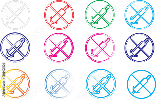 Colorful circular icons, no symbol, crossed out circles, vibrant colors, minimalist design, flat graphic style, red, green, blue, purple, pink, orange, yellow, teal, repetitive pattern, clean lines, s