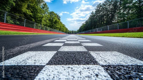 View from the side of a go-kart race track, showing the finish line with asphalt surface and start-finish markings