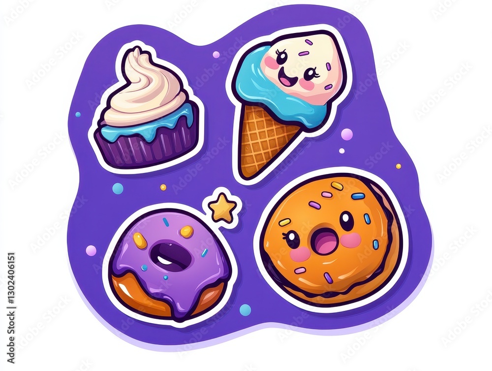 Colorful cartoon dessert stickers featuring cupcakes, ice cream, and donuts on a purple background Colorful cartoon dessert stickers featuring cupcakes, ice cream, and donuts on a purple background