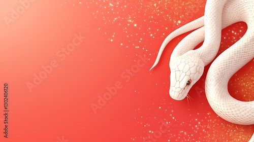 White snake on red background with gold glitter.