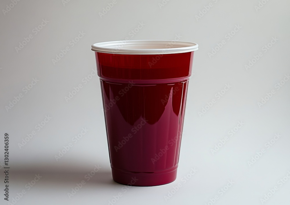 A single bright red plastic cup stands upright on a pristine transparent background, its vivid color contrasting sharply with the neutral surroundings, anticipating a refreshing beverage A single bright red plastic cup stands upright on a pristine transparent background, its vivid color contrasting sharply with the neutral surroundings, anticipating a refreshing beverage