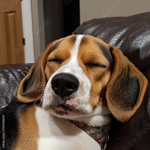 Beagle dog sleeping leather chair indoors