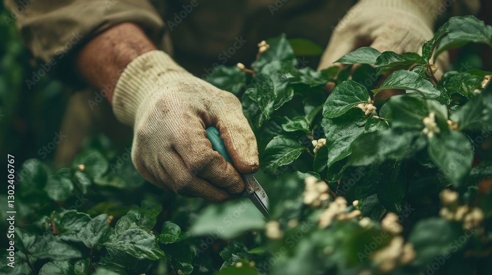 Obraz premium Carefully using pruning shears, hands work on grapevines, the tool glistening in the sunlight while shadows move across the fertile ground