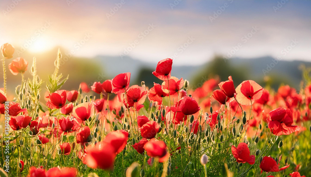 Naklejka premium Vibrant red poppies blooming in field. Soft blurred background. Vibrant floral meadow landscape