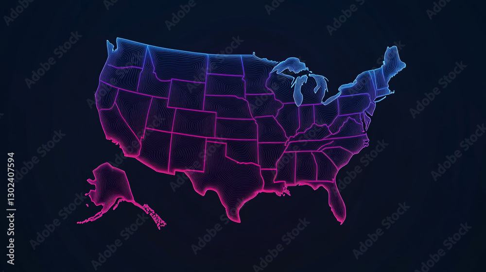 Obraz premium A vibrant, neon-styled map of the United States with Alaska, showcasing an abstract digital representation of geographic boundaries.