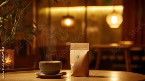 Wallpaper Mural In a cozy haven bathed in warm, golden light, a steaming cup of aromatic herbal infusion, nestled within a rustic Kraft paper pouch, awaited its sip, inviting relaxation and tranquility amidst the Torontodigital.ca
